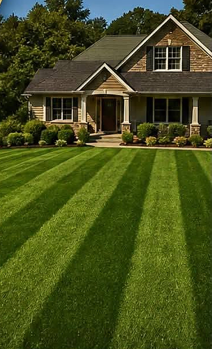Freshly mowed lawn with crisp mowing stripes in front of a stone and shingle home